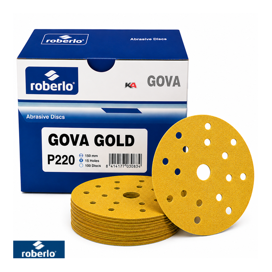 Roberlo Gova Gold P220 Schuurschijven 150mm 15 Gaten – 100 Stuks voor Voorbereiding van Primer en Lak