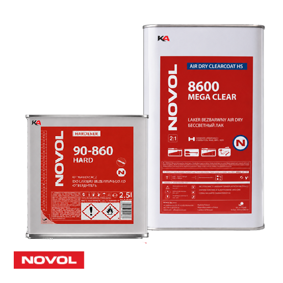 NOVOL 8600 MEGA Clear + HARD 90-860 Set – 1,5 L Air Dry 2K Hoogglans Blanke Lak voor Autoschadeherstel